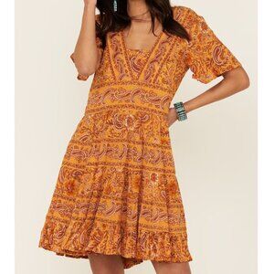 Patrons of Peace Toluca Border Print Boho V-Neck Mini Dress Orange Paisley Tier